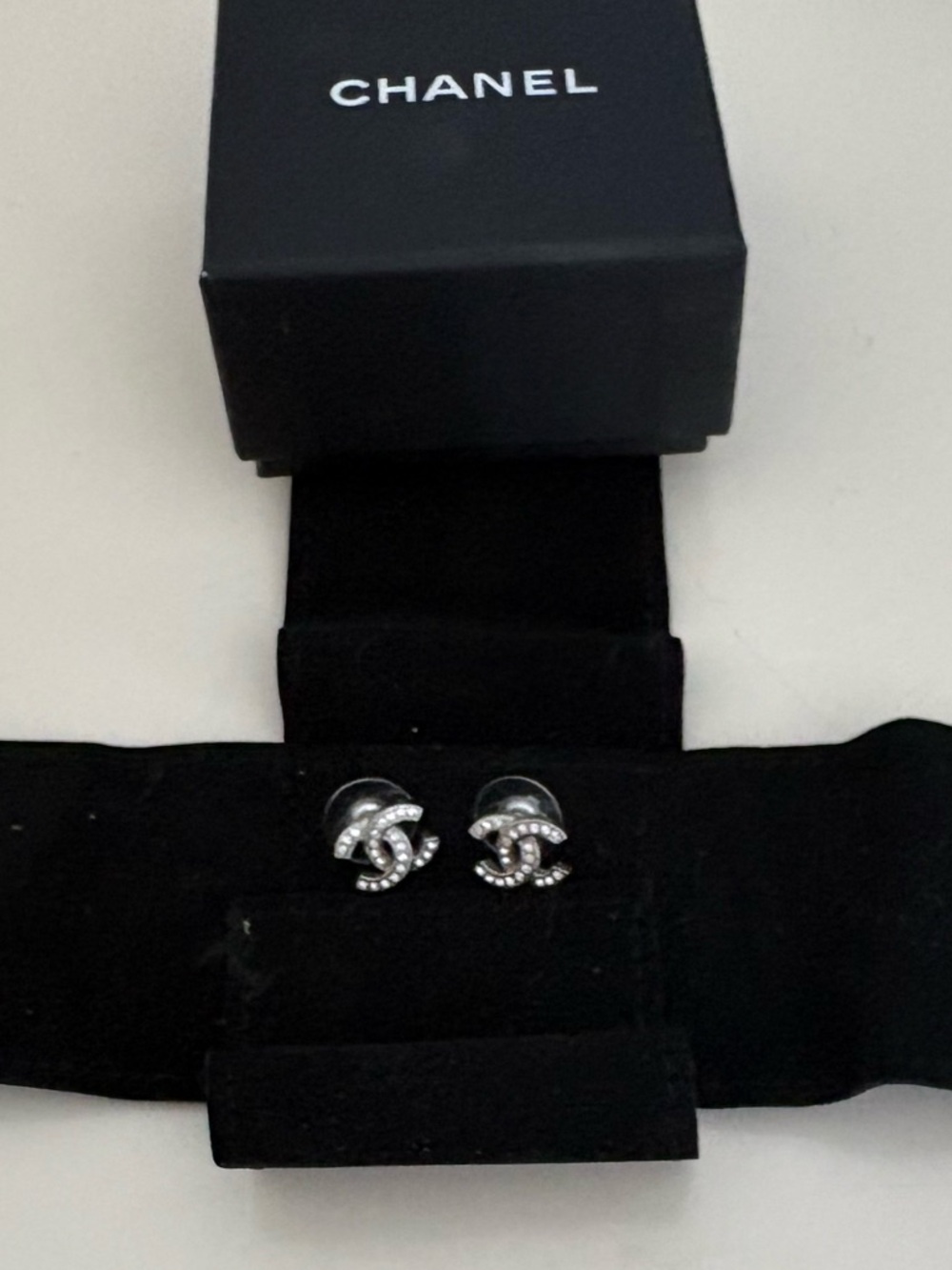 CHANEL Silver Crystal CC Stud Earrings